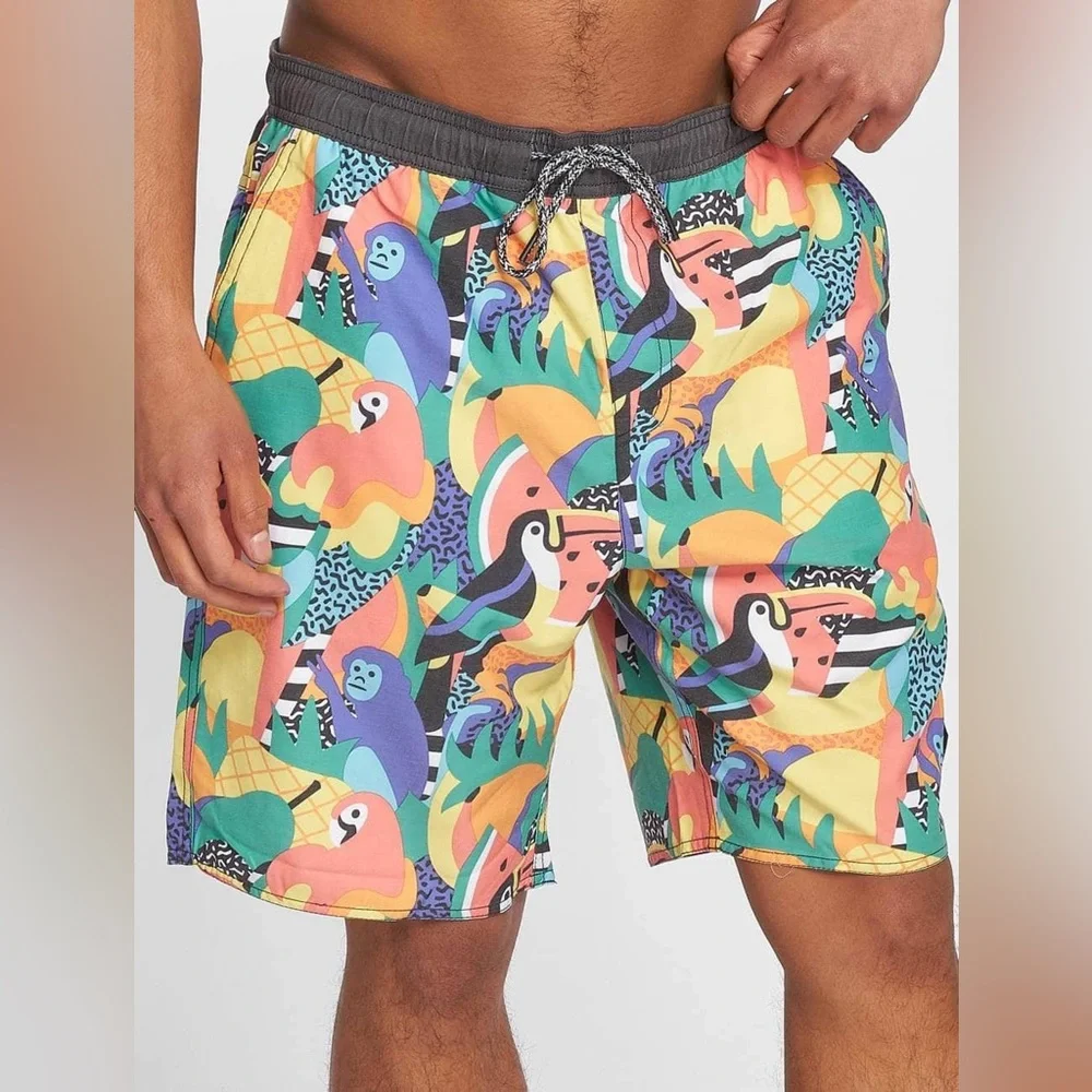 Neff Rainbow Jungle Tropical Toucan Parrot Monkey Fruit Swim Shorts XL